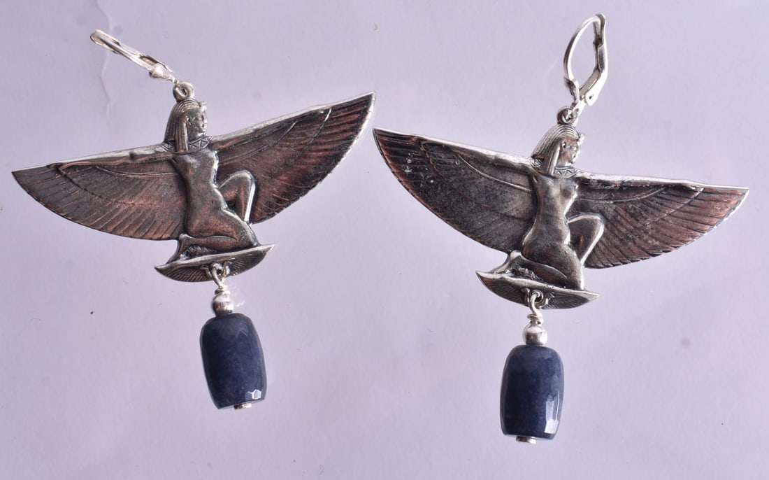 A Pair of Silver and Hardstone Egyptian Revival Style Earrings. Stamped 925. 5.8cm x 4.9cm, total: A Pair of Silver and Hardstone Egyptian Revival Style Earrings. Stamped 925. 5.8cm x 4.9cm, total weight 18.6g