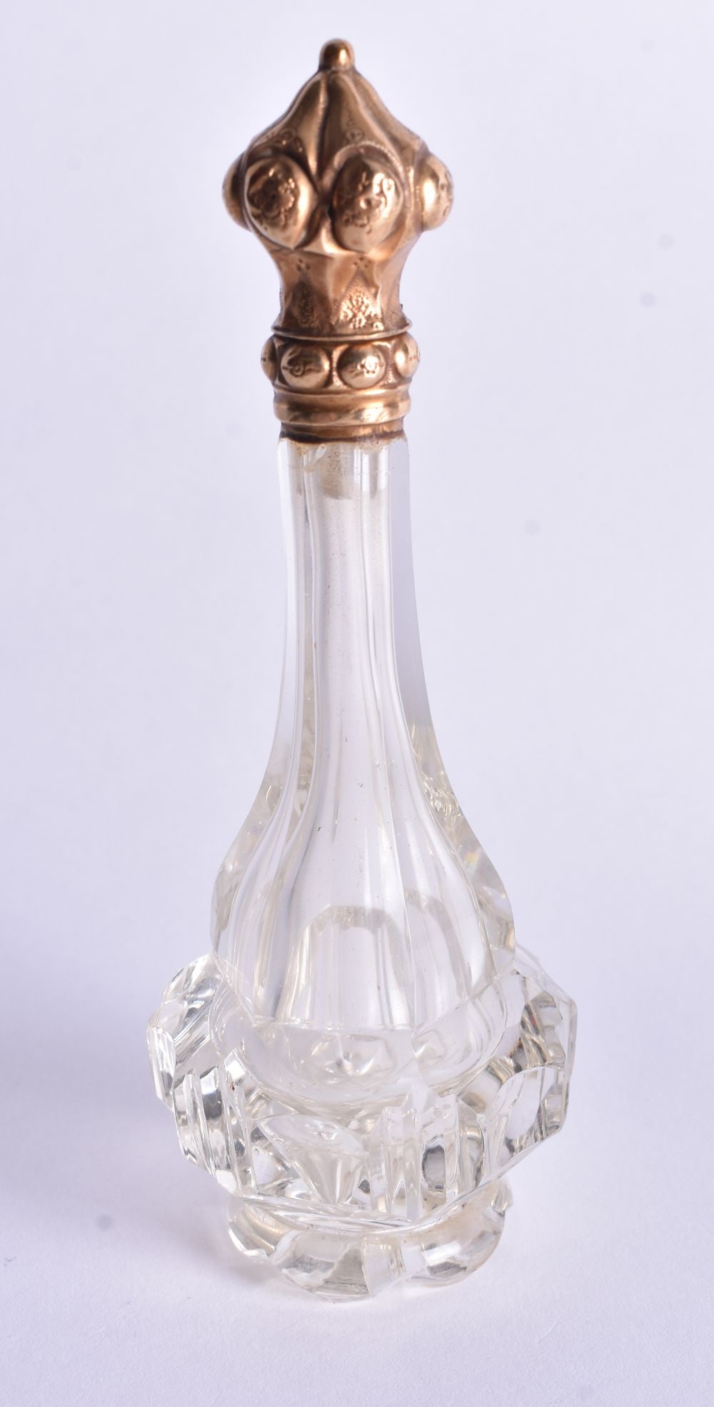 A Glass Scent Bottle with Continental 18 Carat Gold Top. Dutch / French Marks. 11.2cm x 4.1cm, wei (1 of 4)