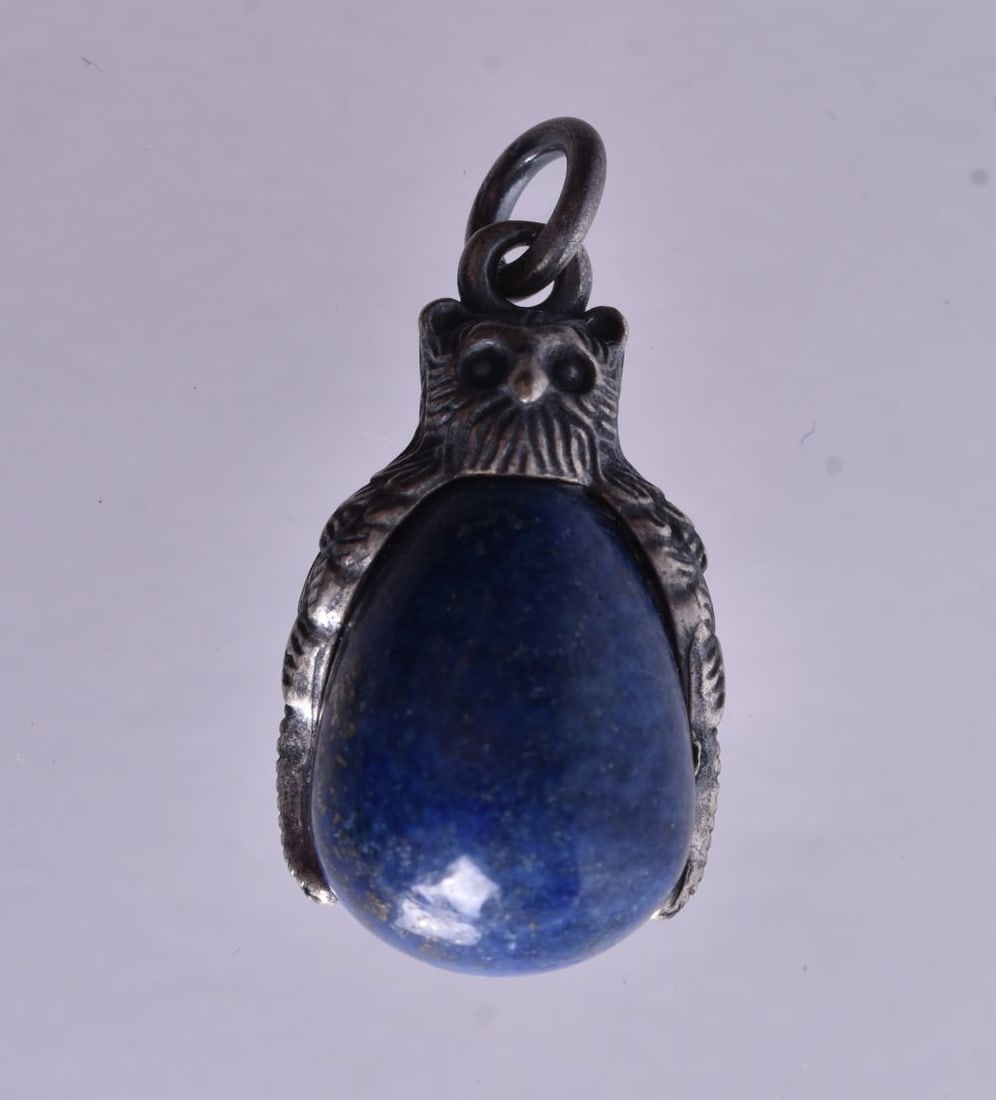 A Hardstone Pendant with a Continental Silver Owl Mount. Bail Stamped 84. 2.4cm x 1.4cm x 1.2cm, w (1 of 3)