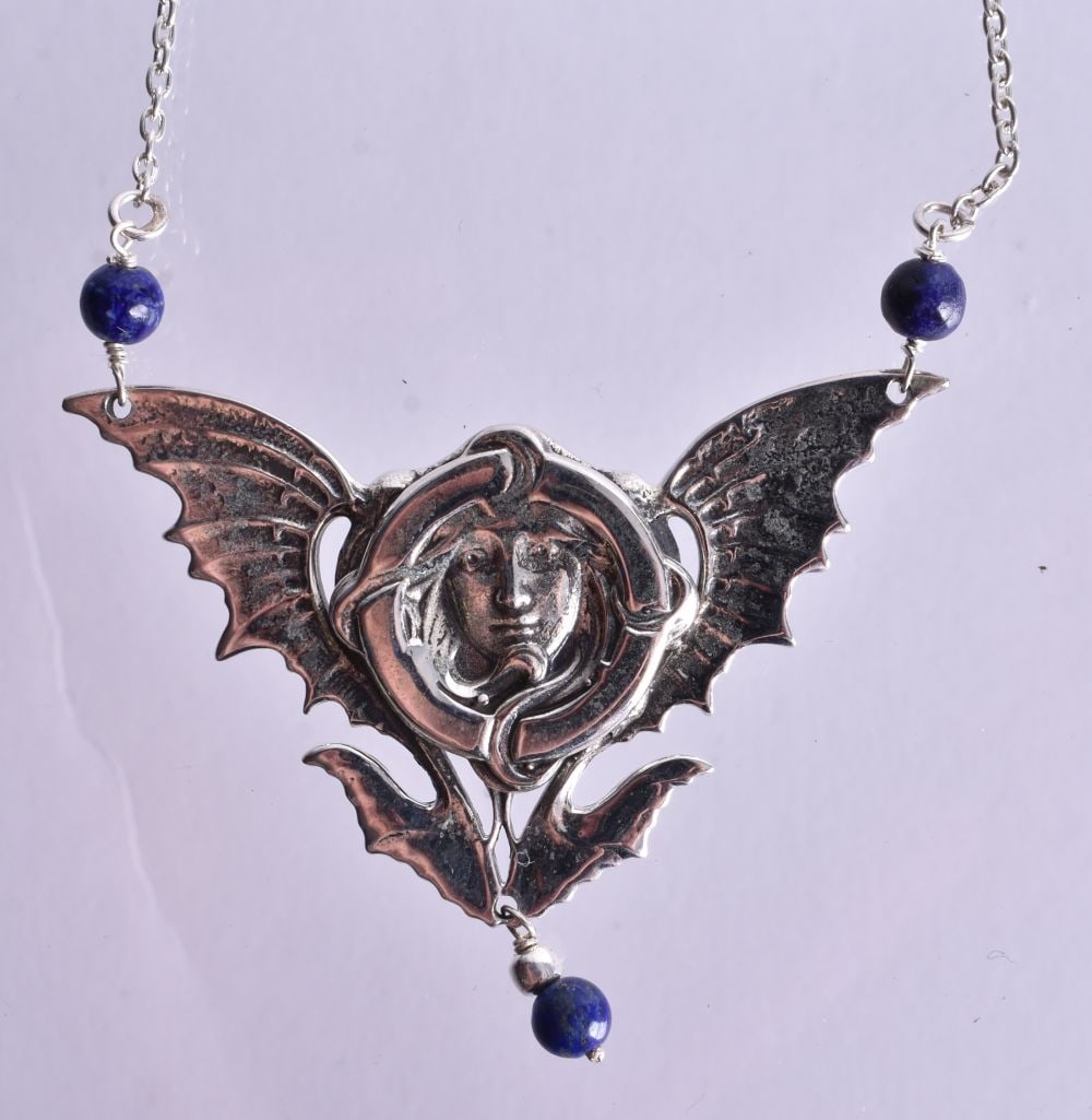 A Silver Nouveau Style Winged Pendant Necklace. Stamped Sterling. Chain 41cm long, Pendant 3.8cm x (1 of 4)