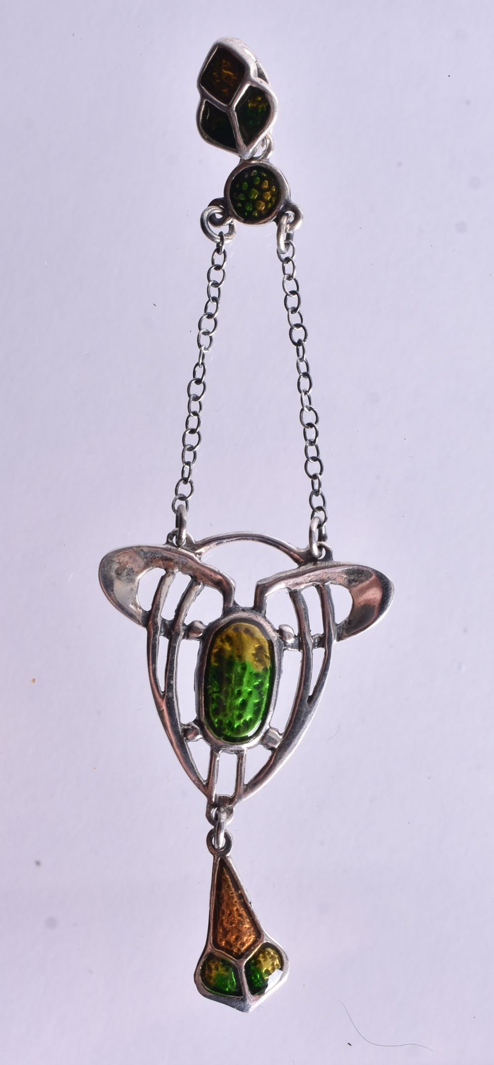 A Silver and Enamel Pendant in the Art Nouveau Style. 9.1cm x 2.6cm, weight 5.9g: A Silver and Enamel Pendant in the Art Nouveau Style. 9.1cm x 2.6cm, weight 5.9g