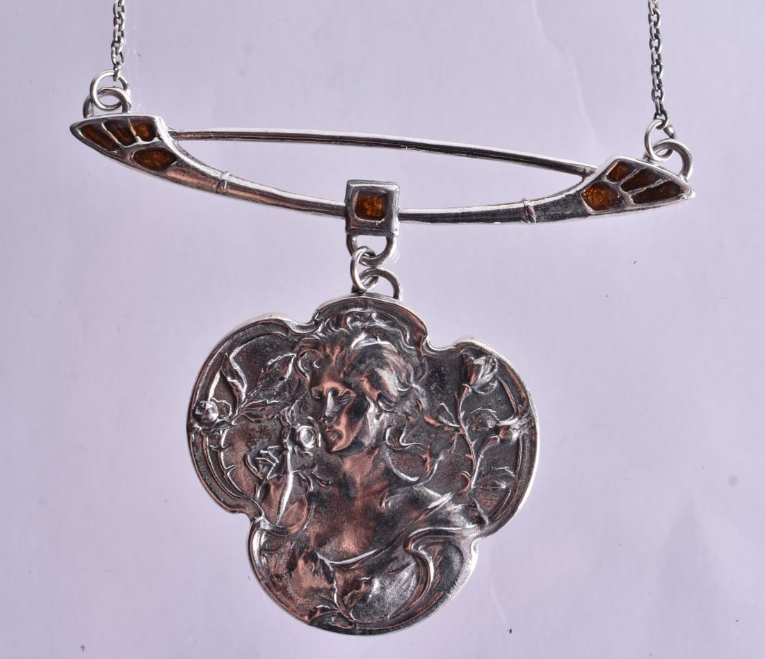 A Silver Quatrefoil Pendant Embossed with a Nouveau Style Girl Necklace. Stamped Sterling. Pendant (1 of 3)