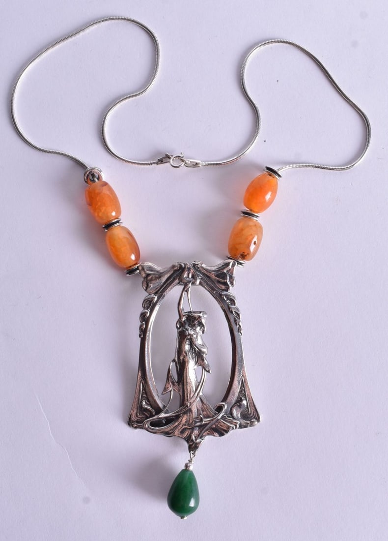 A Silver and Hardstone Bead Pendant Necklace. Stamped Sterling. Pendant 8.6cm x 4.6cm, Chain 43cm: A Silver and Hardstone Bead Pendant Necklace. Stamped Sterling. Pendant 8.6cm x 4.6cm, Chain 43cm long. weight 44.6g