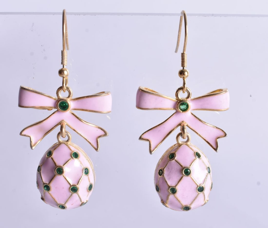A Pair of Continental Silver Gilt and Pink Enamel Easter Egg and Ribbon Earrings. Stamped 84, 5.8cm: A Pair of Continental Silver Gilt and Pink Enamel Easter Egg and Ribbon Earrings. Stamped 84, 5.8cm x 2.3cm, weight 19.3g