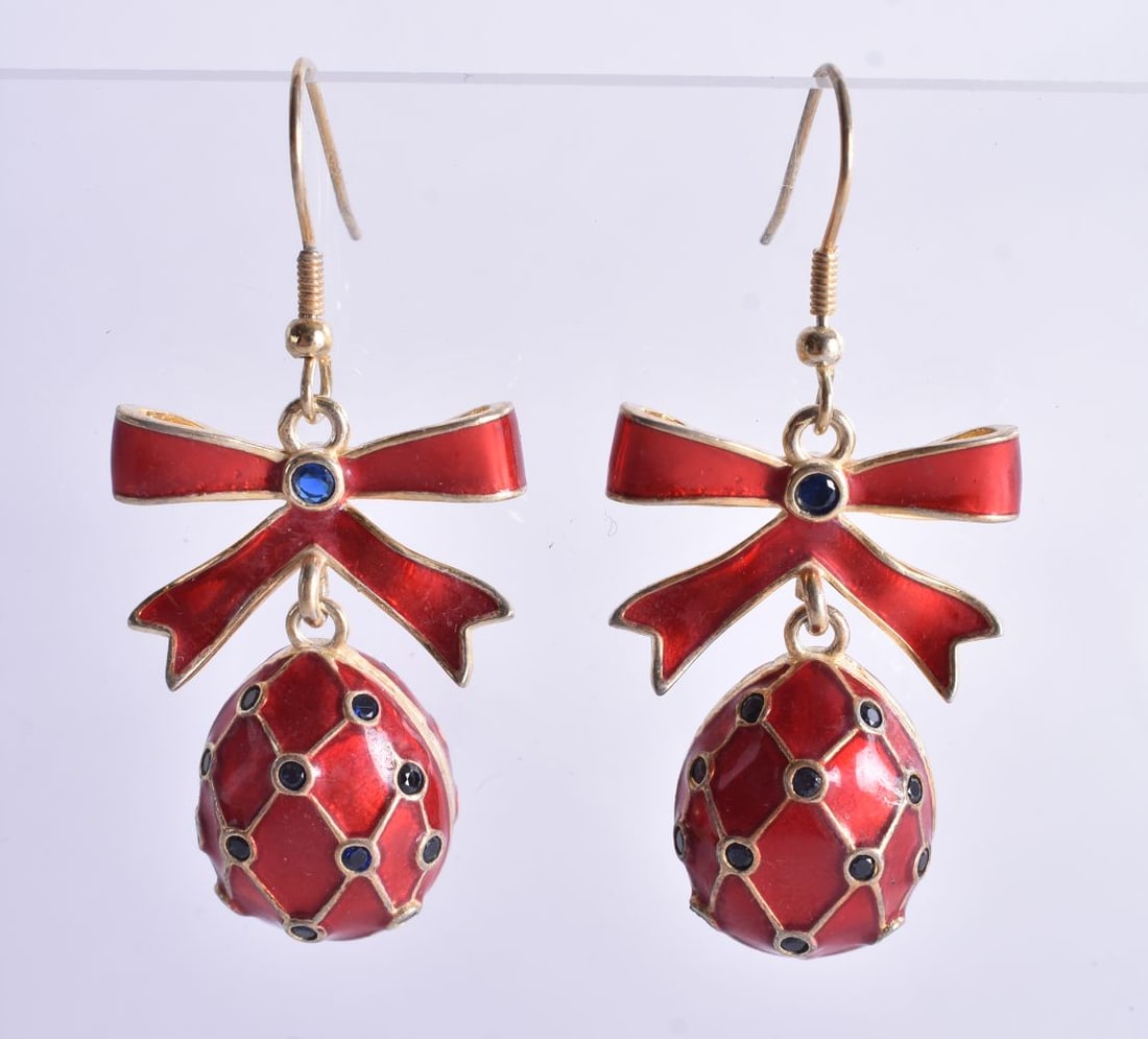 A Pair of Continental Silver Gilt and Red Enamel Easter Egg and Ribbon Earrings. Stamped 84, 5cm x (1 of 2)