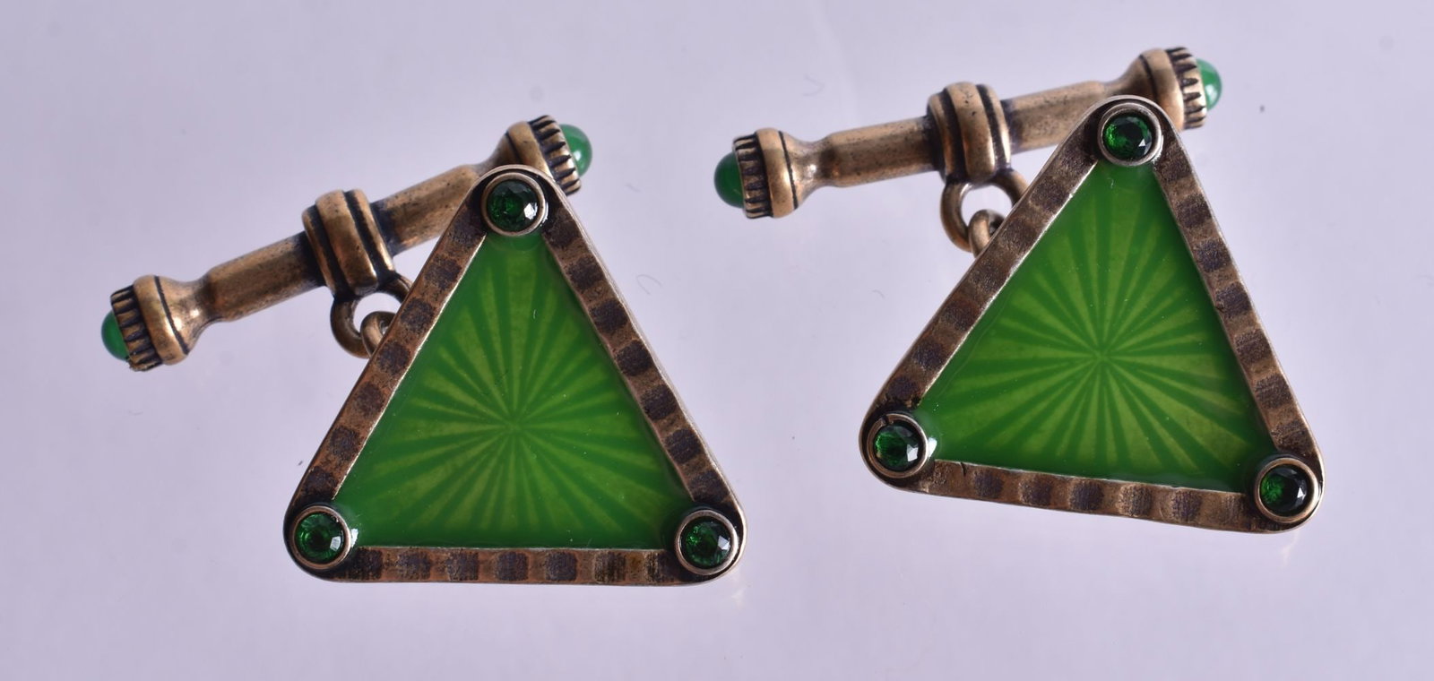 A Pair of Continental Silver Gilt and Green Enamel Triangular Cufflinks. Stamped 84. 2cm x 2.2cm, (1 of 2)