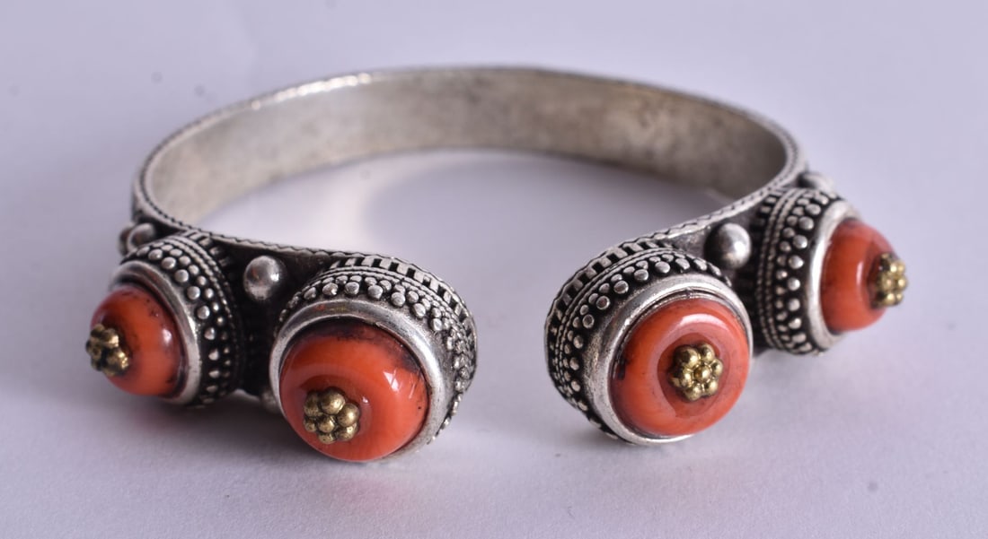 A Chinese White Metal and Hardstone Bangle. Chinese Marks. Internal Diameter 5.8cm, weight 56.9g (1 of 3)