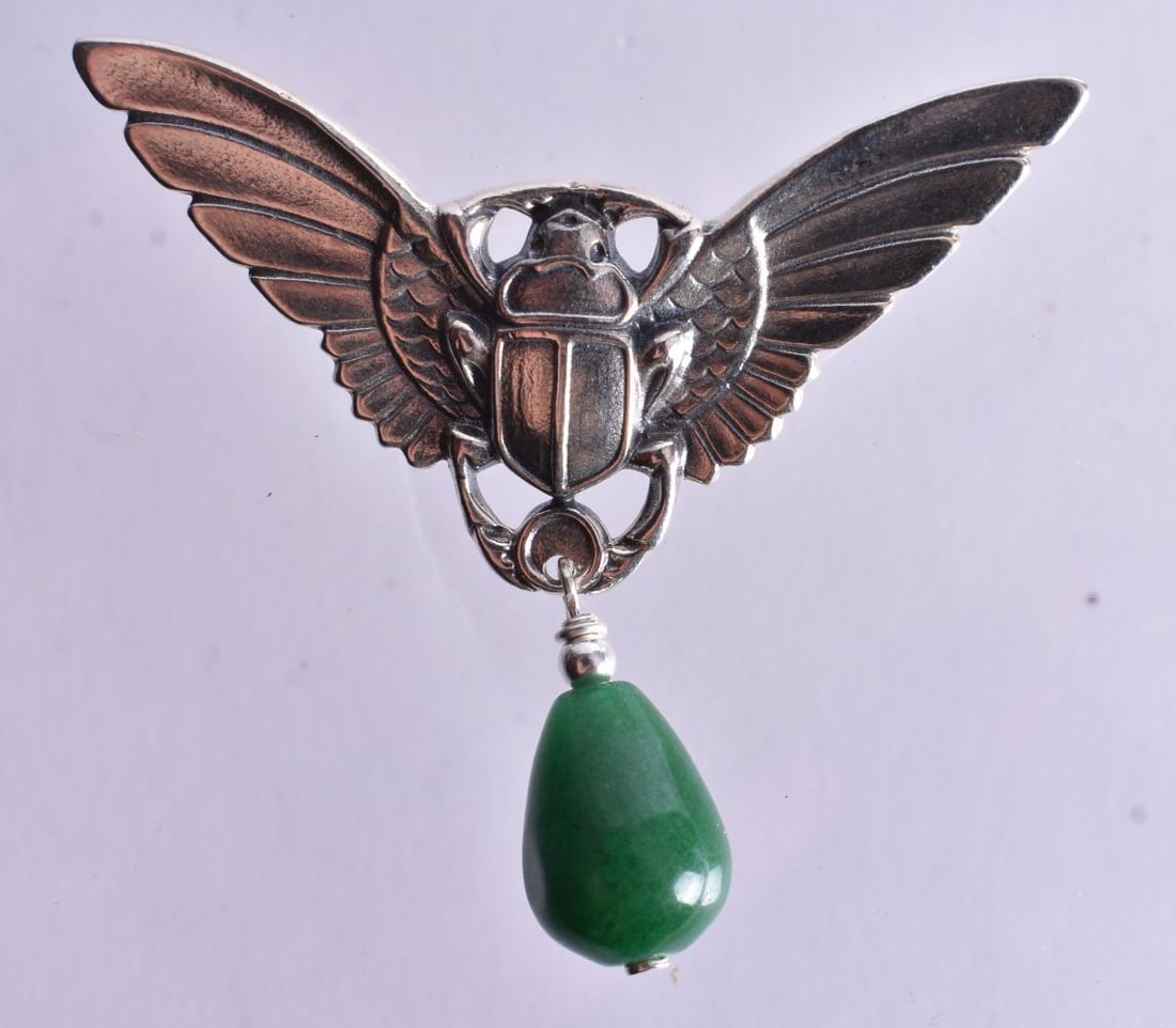 A Silver Beetle Brooch with a Hardstone Drop. Stamped Sterling. 5cm x 5.3cm, weight 11.4g (1 of 2)