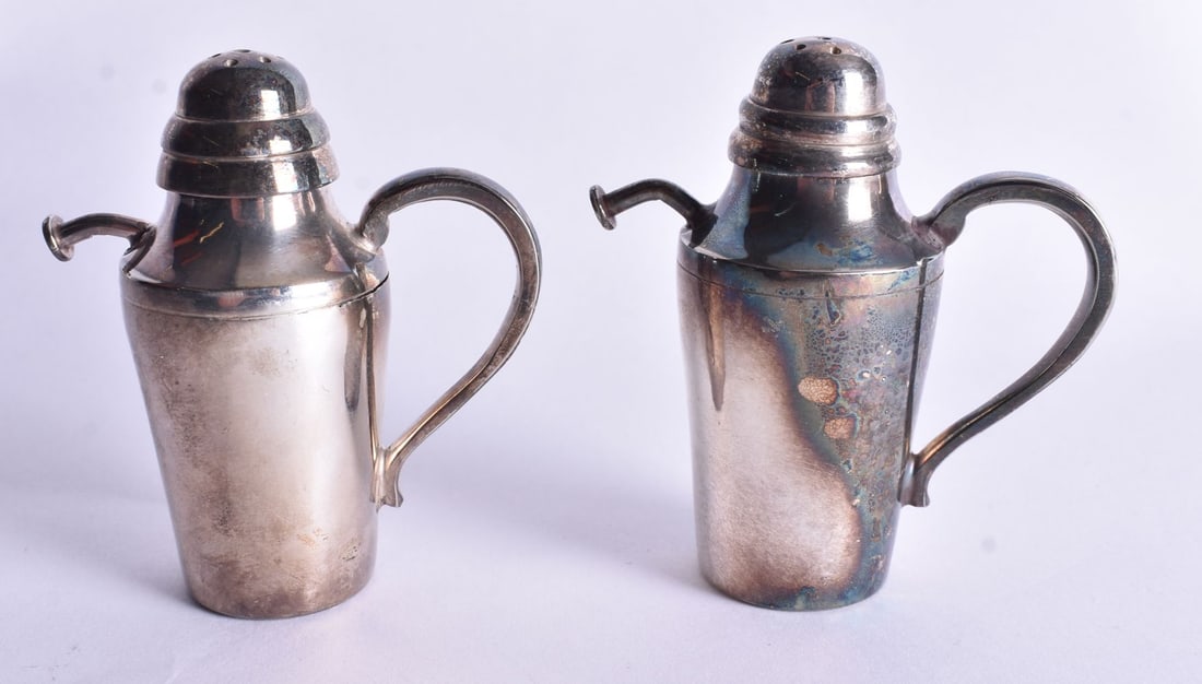 A Pair of Silver Plated Condiments in the form of Cocktail Shakers, 7.1cm x 6.5cm x 3.3cm, total we (1 of 4)