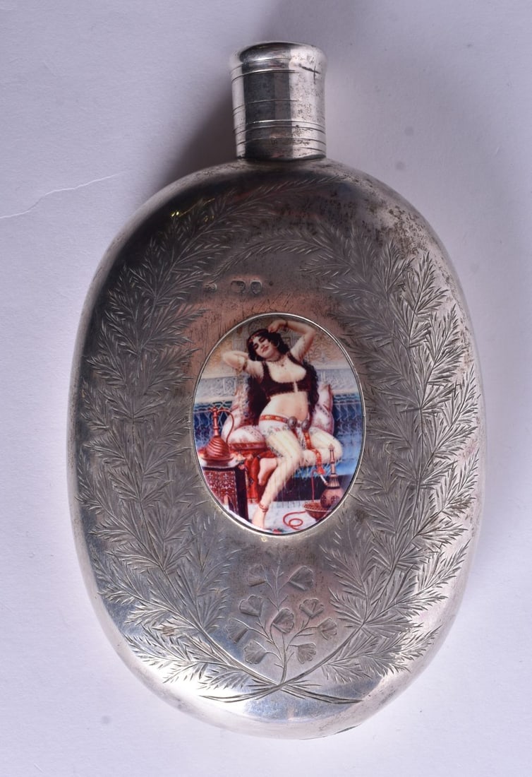 A Victorian Silver Hip Flask with a Cabochon depicting a Scantily Clad Belly Dancer. Rubbed Hallmar (1 of 5)