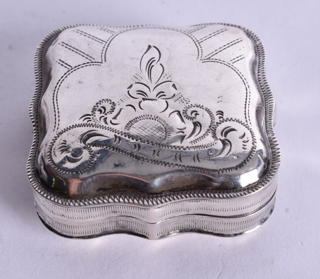 A Continental Silver Pill Box with Engraved Decoration. Dutch Marks. 2.2cm x 5cm x 5.2cm, weight 2 (1 of 5)