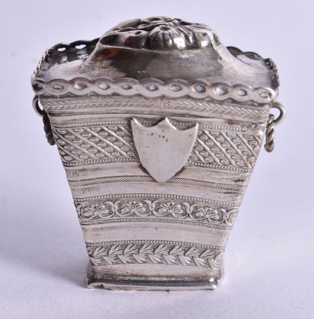 A Continental Silver Pill Box with Engraved Decoration. Dutch Marks. 4.2cm x 3.8cm x 2.7cm, weight (1 of 5)