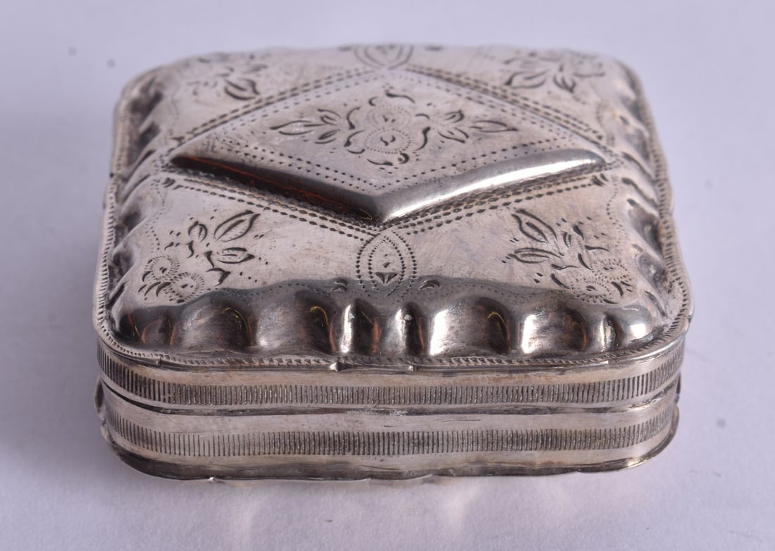 A Continental Silver Pill Box with Engraved Decoration. Dutch Marks. 2cm x 5.1cm x 5.1cm, weight 2 (1 of 4)