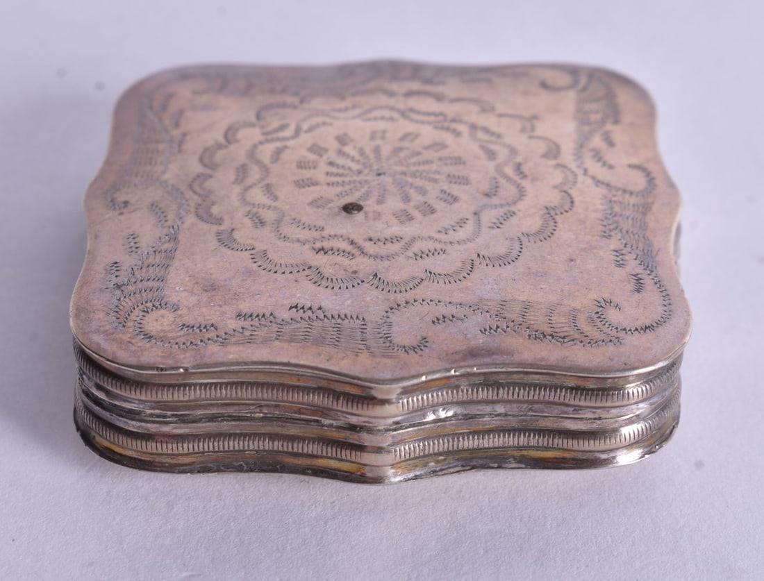A Continental Silver Pill Box with Engraved Decoration. Dutch Marks. 1.3cm x 4.9cm x 4.7cm, weight (1 of 4)