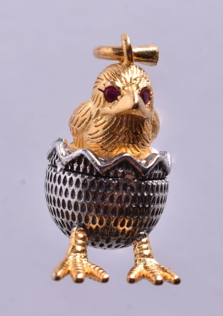 A Silver Gilt Chick in a Basket Pendant. Bail Stamped 84. 2.1cm x 1.6cm x 1.1cm, weight 4.7g (1 of 3)