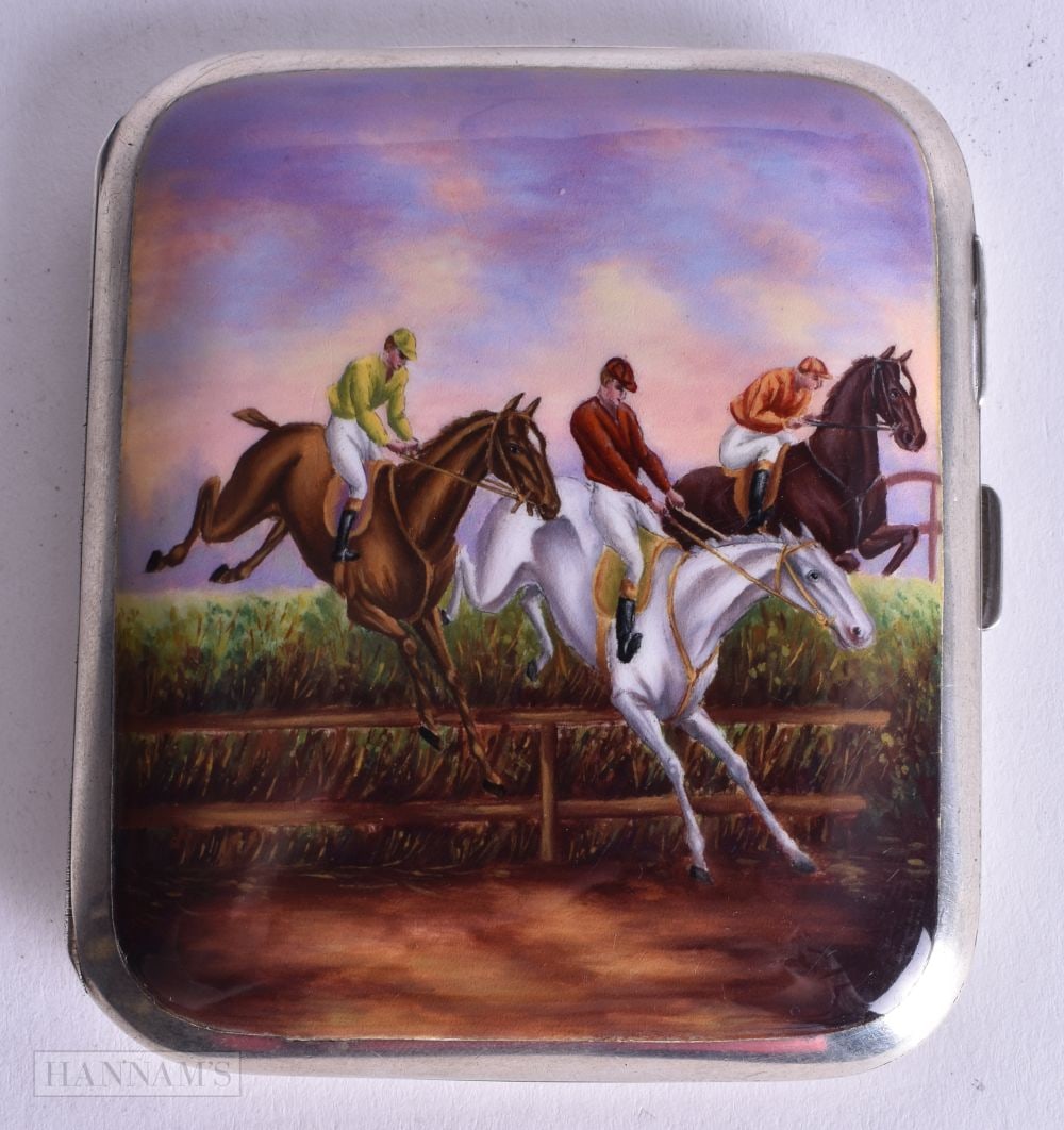 A Silver and Enamel Cigarette Case. Decorated with a Horse Racing Scene. Stamped 935. 1.5cm x 7.5 (1 of 4)