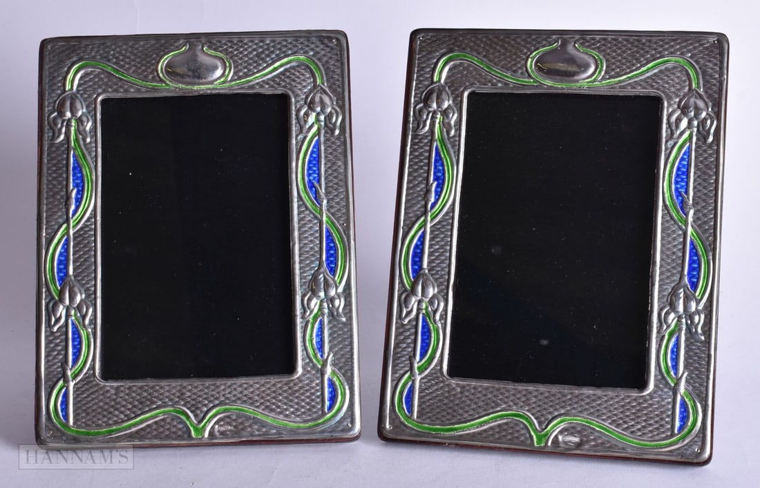 A Pair of Silver and Enamel Nouveau Style Photo Frames. Stamped Sterling. 18.7cm x 14.7cm (externa (1 of 3)