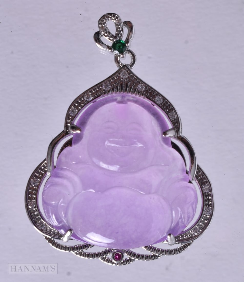 A Platinum Mounted Lavender Jade Happy Buddha Pendant. Stamped PT 950. 4.3cm x 3.2cm, weight 9.6g (1 of 2)