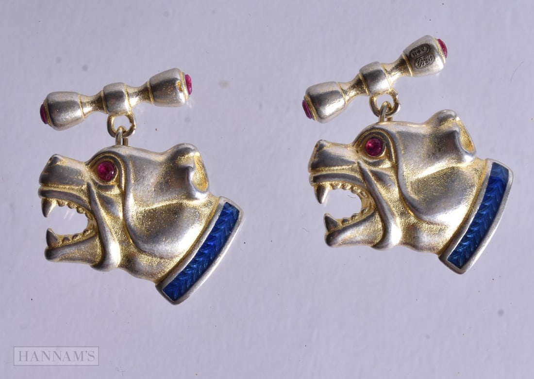 A Pair of Continental Silver Gilt Dog Head Cufflinks with Blue Enamel Collars. Stamped 88, 1.9cm x (1 of 2)