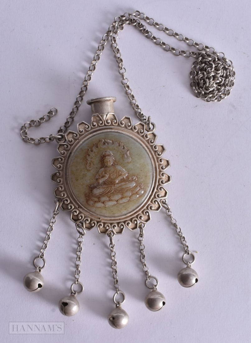 A White Metal Snuff Bottle on a chain with a Carved Jade Panel. Bottle 6.5cm x 7.5cm, total weight (1 of 3)