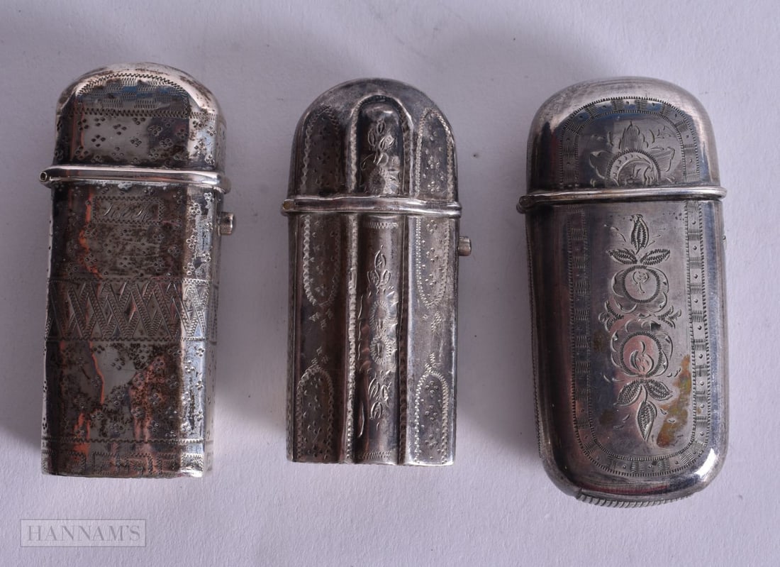 Three Continental Silver Vesta Cases. Various marks incl Dutch. Largest 6.4cm x 2.8cm x 1.7cm, tot (1 of 4)