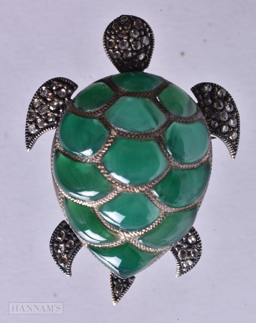A Continental Silver Plique A Jour and Diamond Turtle Brooch / Pendant in an associated Box. Stampe (1 of 3)