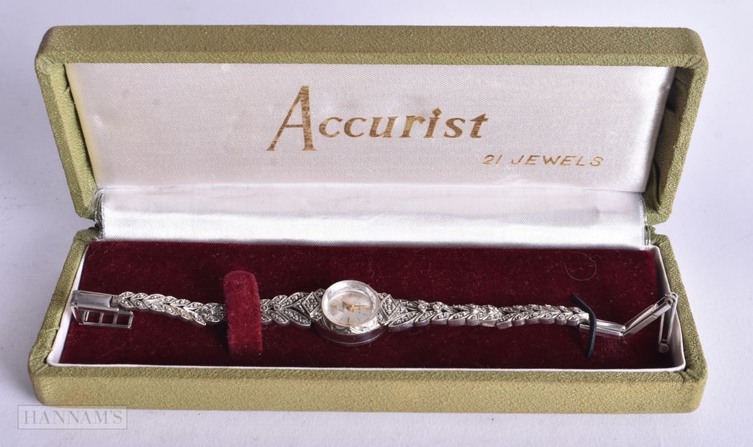 A Silver Accurist Cocktail Watch in a fitted case. Not Working, Stamped 925. 1.5cm incl crown, wei (1 of 4)