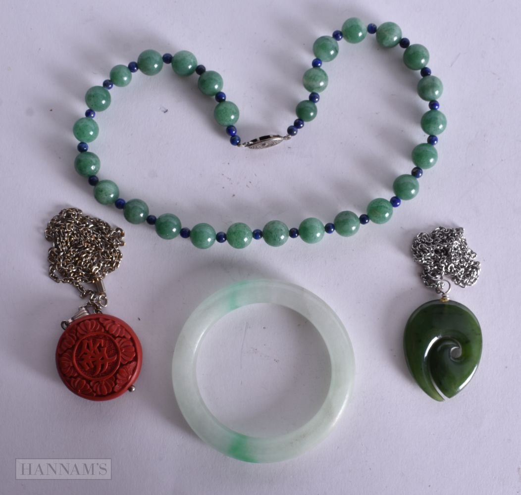 A Jade Bead Necklacem Jade Bangle, Jade Pendant Necklace and a Cinnabar Pendant Necklace, Bangle 5cm (1 of 3)