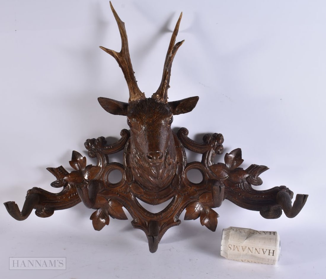 A FINE 19TH CENTURY BAVARIAN BLACK FOREST CARVED STAG COAT RACK. 58 cm x 48 cm. (1 of 4)