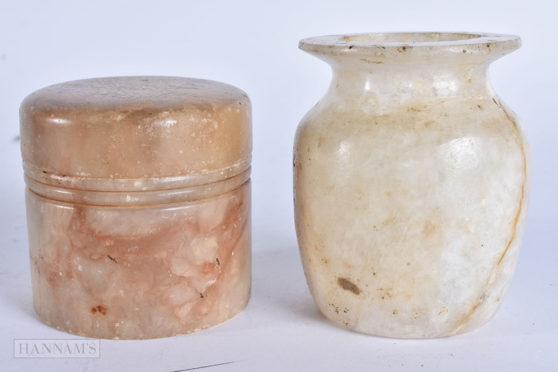TWO EARLY EGYPTIAN ALABASTER VESSELS. Largest 8.25 cm high. (2): TWO EARLY EGYPTIAN ALABASTER VESSELS. Largest 8.25 cm high. (2)