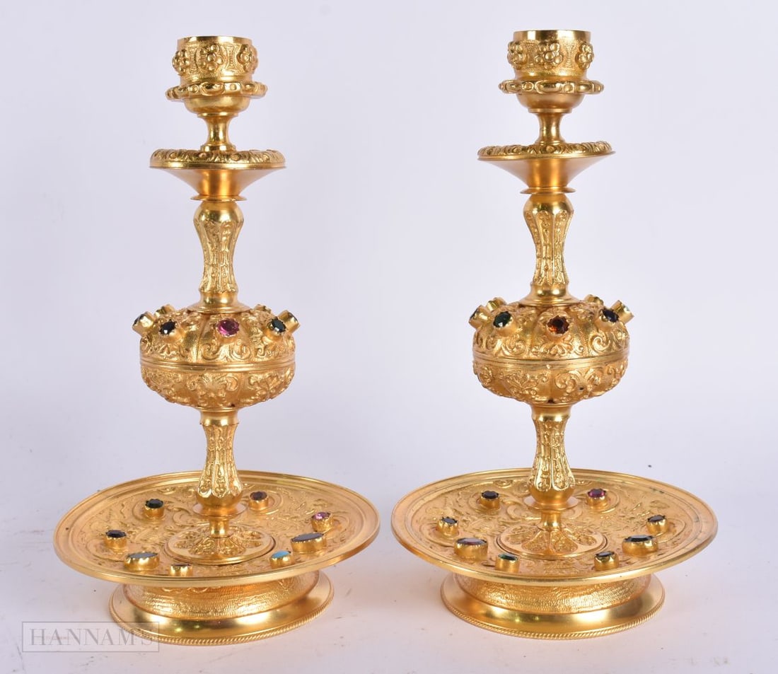 A PAIR OF 19TH CENTURY FRENCH JEWELLED GILT BRONZE CANDLESTICKS. 19.5 cm high. (1 of 6)