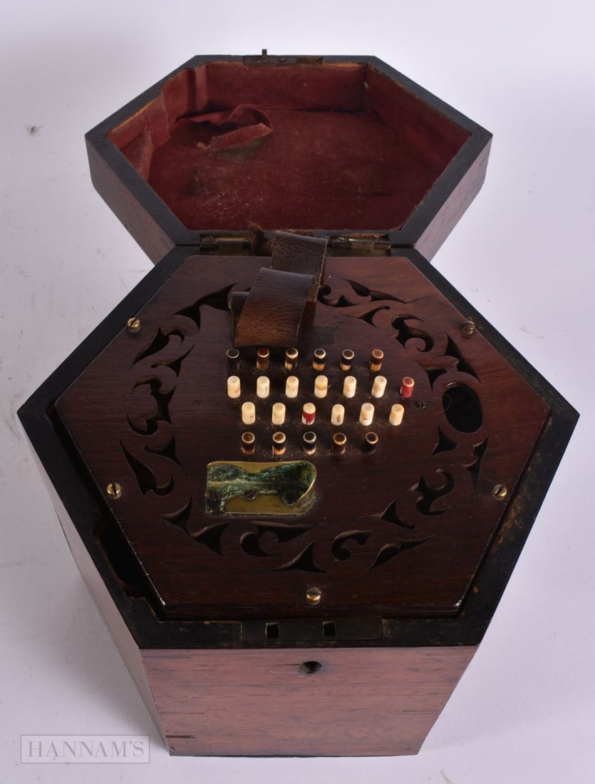 AN ANTIQUE SQUEEZE BOX within a rosewood box. 20 cm wide.: AN ANTIQUE SQUEEZE BOX within a rosewood box. 20 cm wide.
