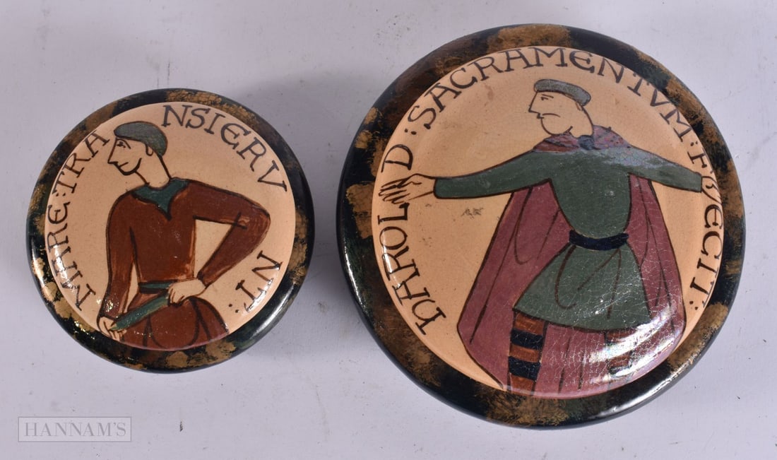 TWO FRENCH BAYEUX POTTERY JARS AND COVERS. Largest 16 cm wide. (2): TWO FRENCH BAYEUX POTTERY JARS AND COVERS. Largest 16 cm wide. (2)