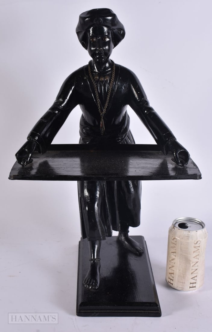 AN ANTIQUE CARVED WOOD BLACKAMOOR TRAY CARRIER FIGURE. 44 cm x 24 cm. (1 of 5)