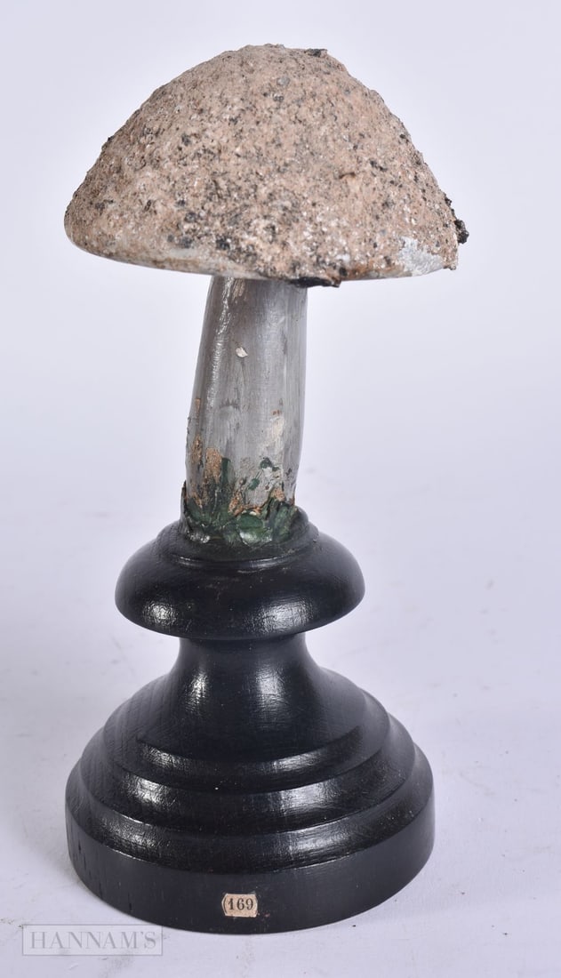 A FOLK ART CARVED WOOD MUSHROOM SPECIMEN. 16 cm high. (1 of 4)