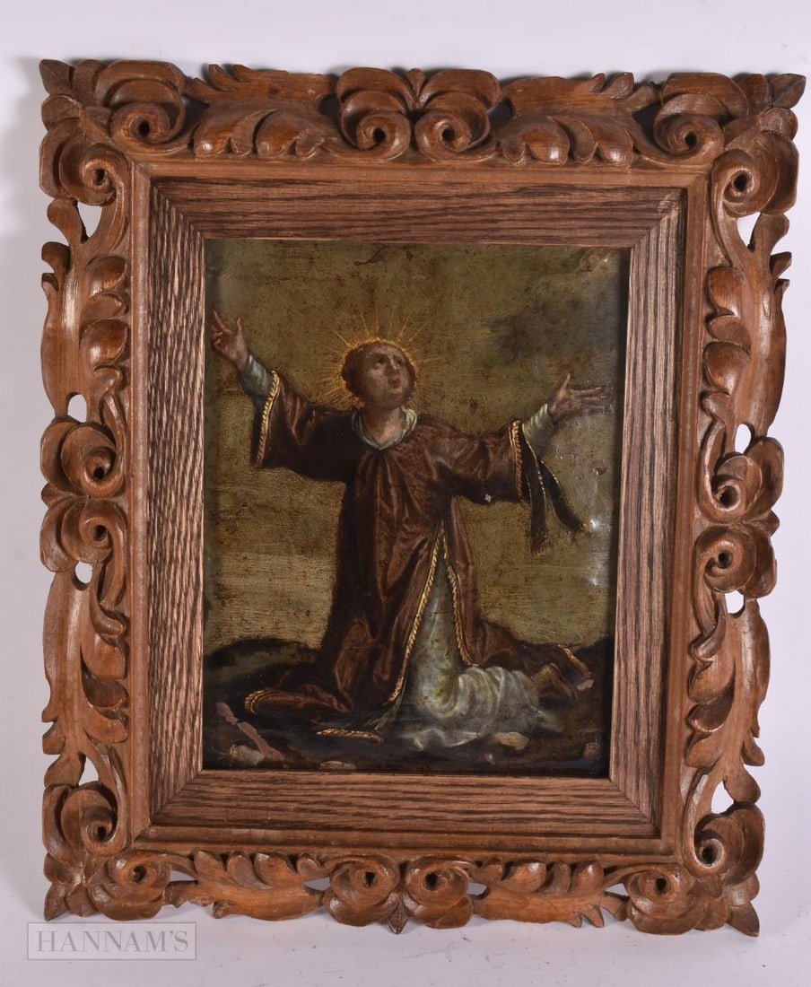A 17TH/18TH CENTURY EUROPEAN PAINTING ON COPPER depicting a saint, within an early frame. 30 cm x 27: A 17TH/18TH CENTURY EUROPEAN PAINTING ON COPPER depicting a saint, within an early frame. 30 cm x 27.5 cm, image 19 cm x 15 cm.