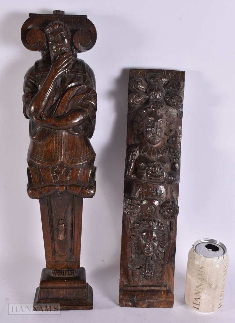 TWO 17TH/18TH CENTURY CARVED HERM & FIGURAL PILASTERS. Largest 47 cm high. (2): TWO 17TH/18TH CENTURY CARVED HERM & FIGURAL PILASTERS. Largest 47 cm high. (2)