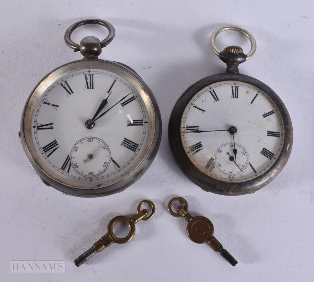 TWO ANTIQUE SILVER POCKET WATCHES. Untested. 235 grams overall. (2) (1 of 8)