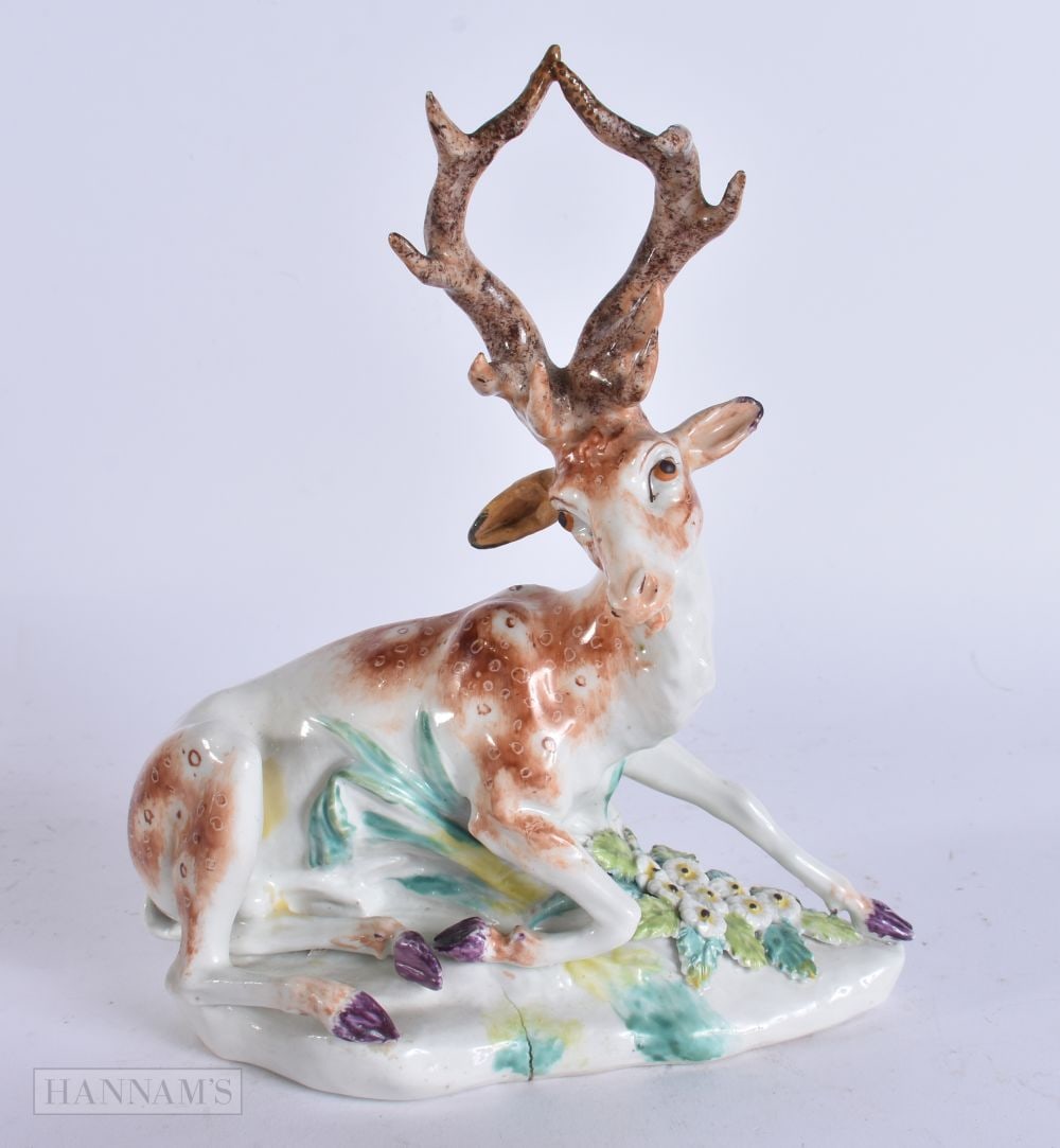 AN 18TH CENTURY DERBY PORCELAIN FIGURE OF A STAG. 19 cm x 12 cm. (1 of 5)