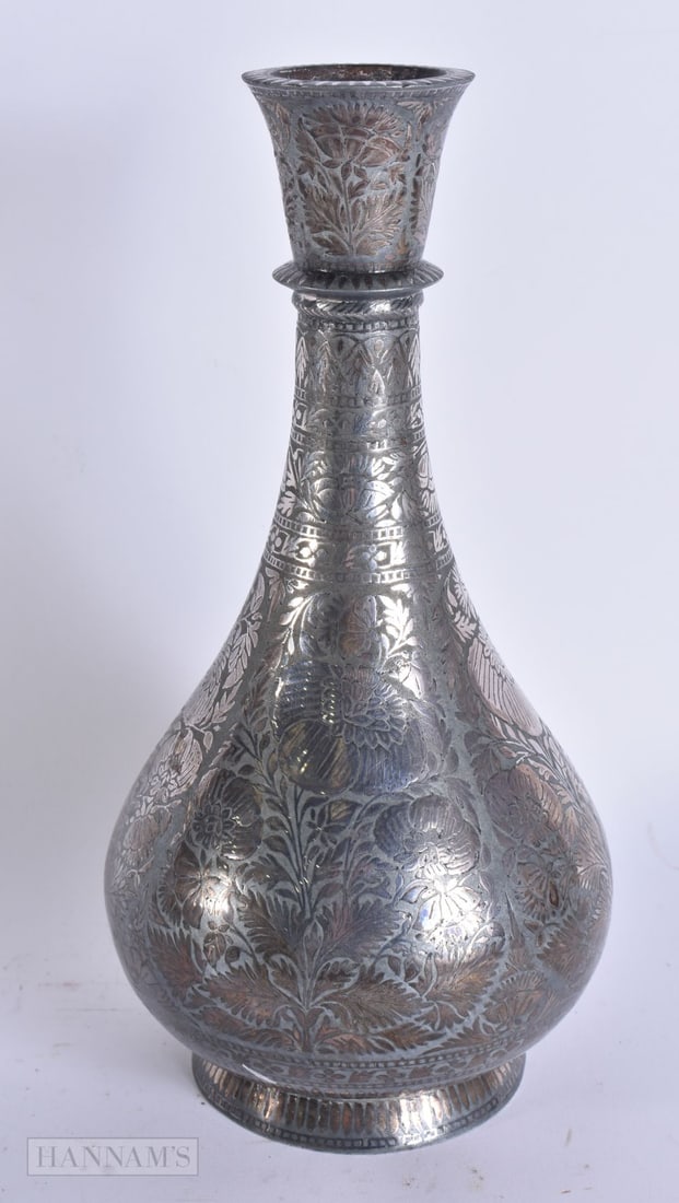 A FINE 19TH CENTURY INDIAN BIDRI WARE SILVER INLAID VASE. 23.5 cm high. (1 of 5)