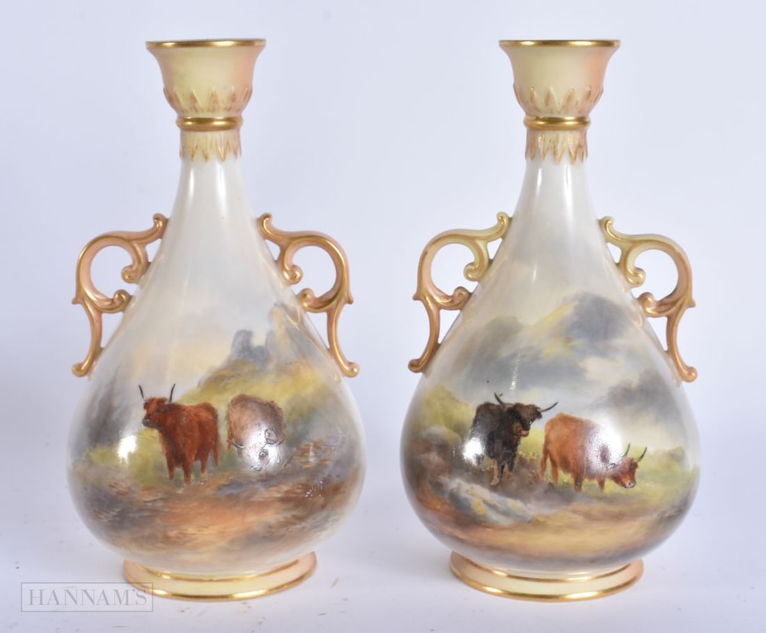 A PAIR OF ROYAL WORCESTER STINTON PORCELAIN VASES. 15 cm high. (1 of 8)
