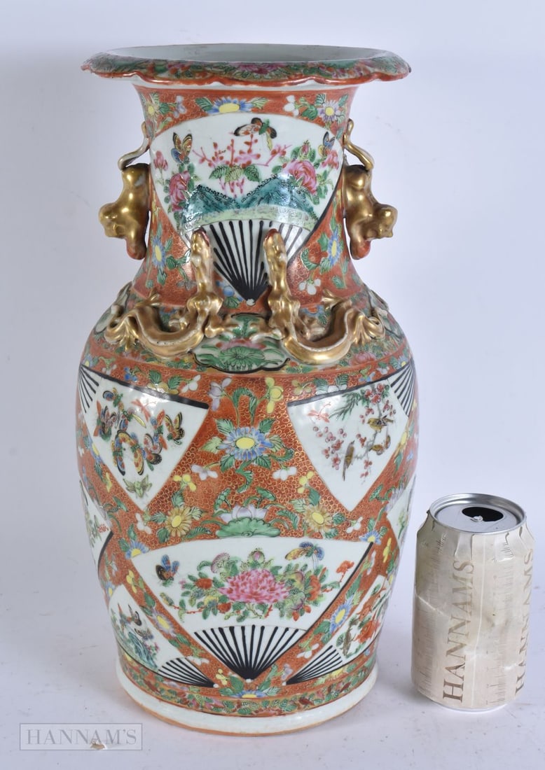 A LARGE 19TH CENTURY CHINESE CANTON FAMILLE ROSE CORAL GROUND PORCELAIN VASE Qing. 45 cm high. (1 of 7)