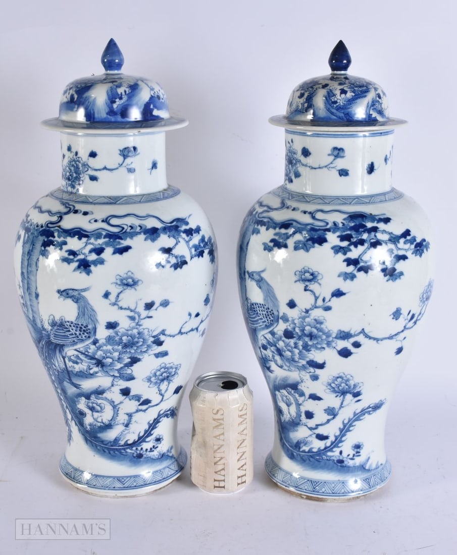 A LARGE PAIR OF 19TH CENTURY CHINESE BLUE AND WHITE PORCELAIN VASES AND COVERS Qing. 44 cm x 16 cm. (1 of 7)