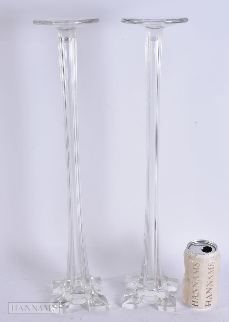 A PAIR OF ANTIQUE GLASS HAT DISPLAY STANDS. 50 cm high. (1 of 4)