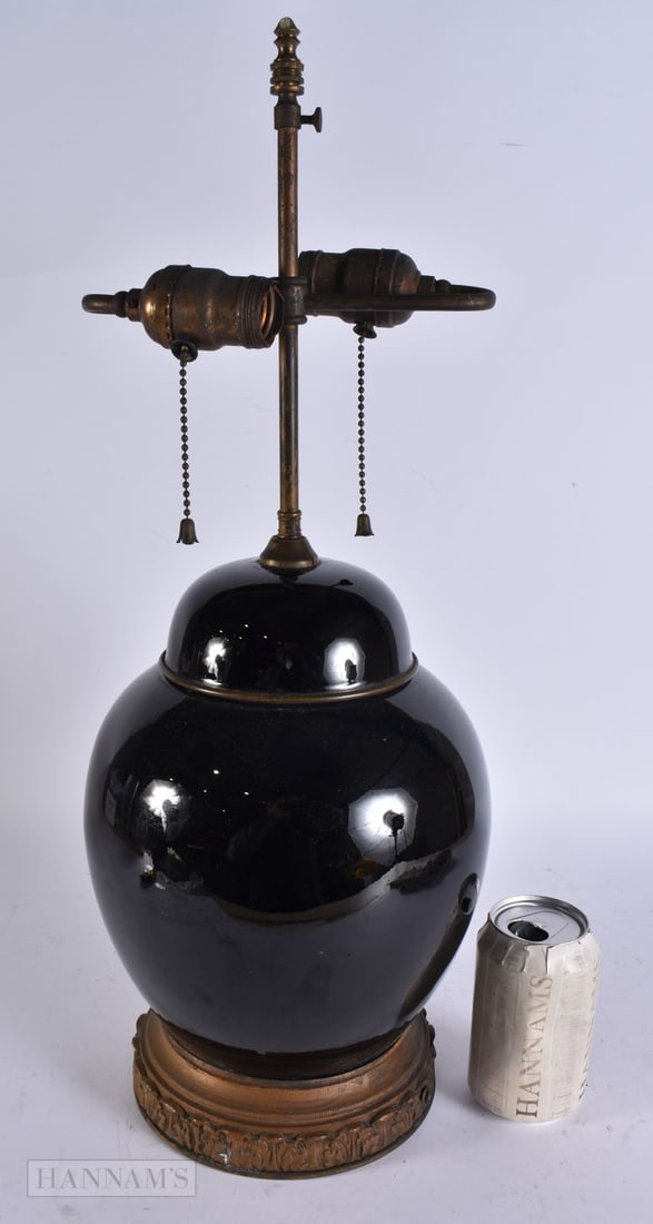 A LATE 19TH CENTURY CHINESE BLACK MONOCHROME PORCELAIN LAMP. 54 cm high.: A LATE 19TH CENTURY CHINESE BLACK MONOCHROME PORCELAIN LAMP. 54 cm high.