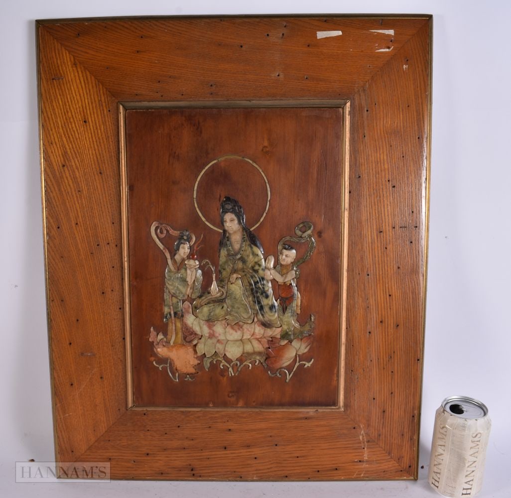 A 19TH CENTURY CHINESE CARVED SOAPSTONE ONLAID WOOD PLAQUE. 56 cm x 46 cm. (1 of 6)