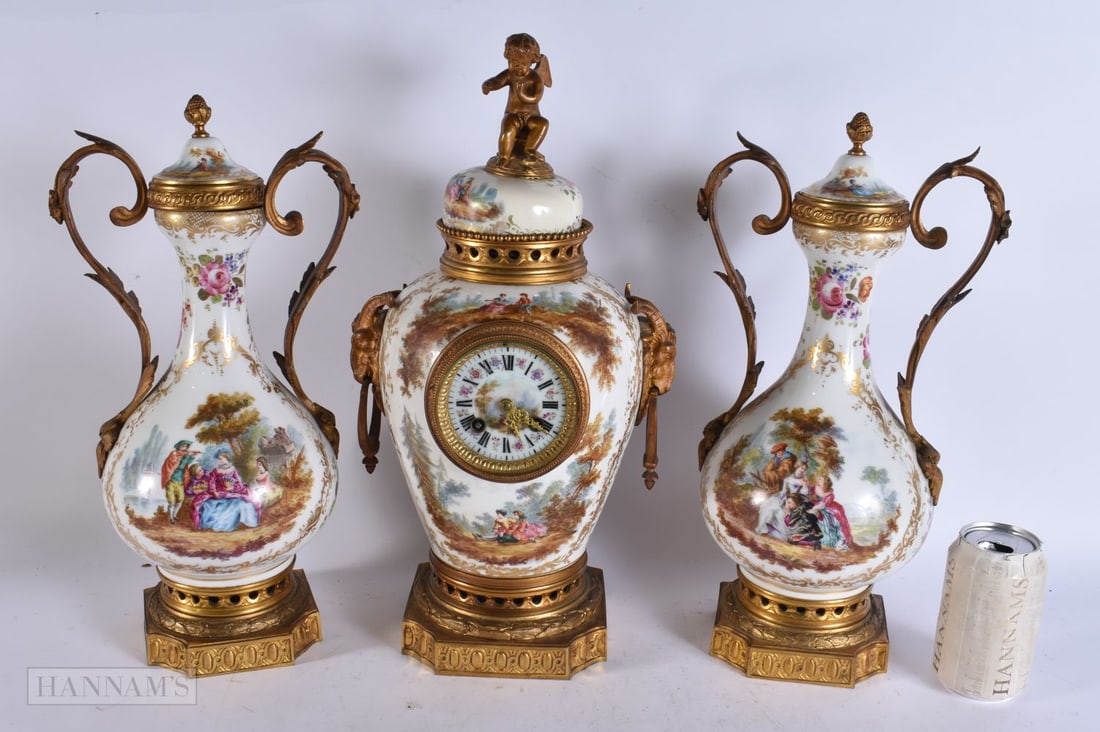 A LARGE ANTIQUE FRENCH PORCELAIN CLOCK GARNITURE. Largest 43 cm x 20 cm. (3) (1 of 8)