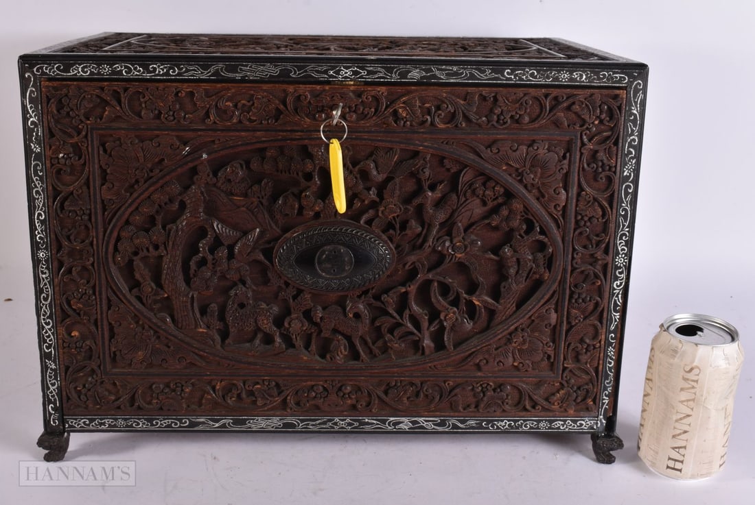 A LARGE 19TH CENTURY CHINESE CARVED HARDWOOD SILVER INLAID CASKET Late Qing. 42 cm x 27 cm. 30 cm. (1 of 8)