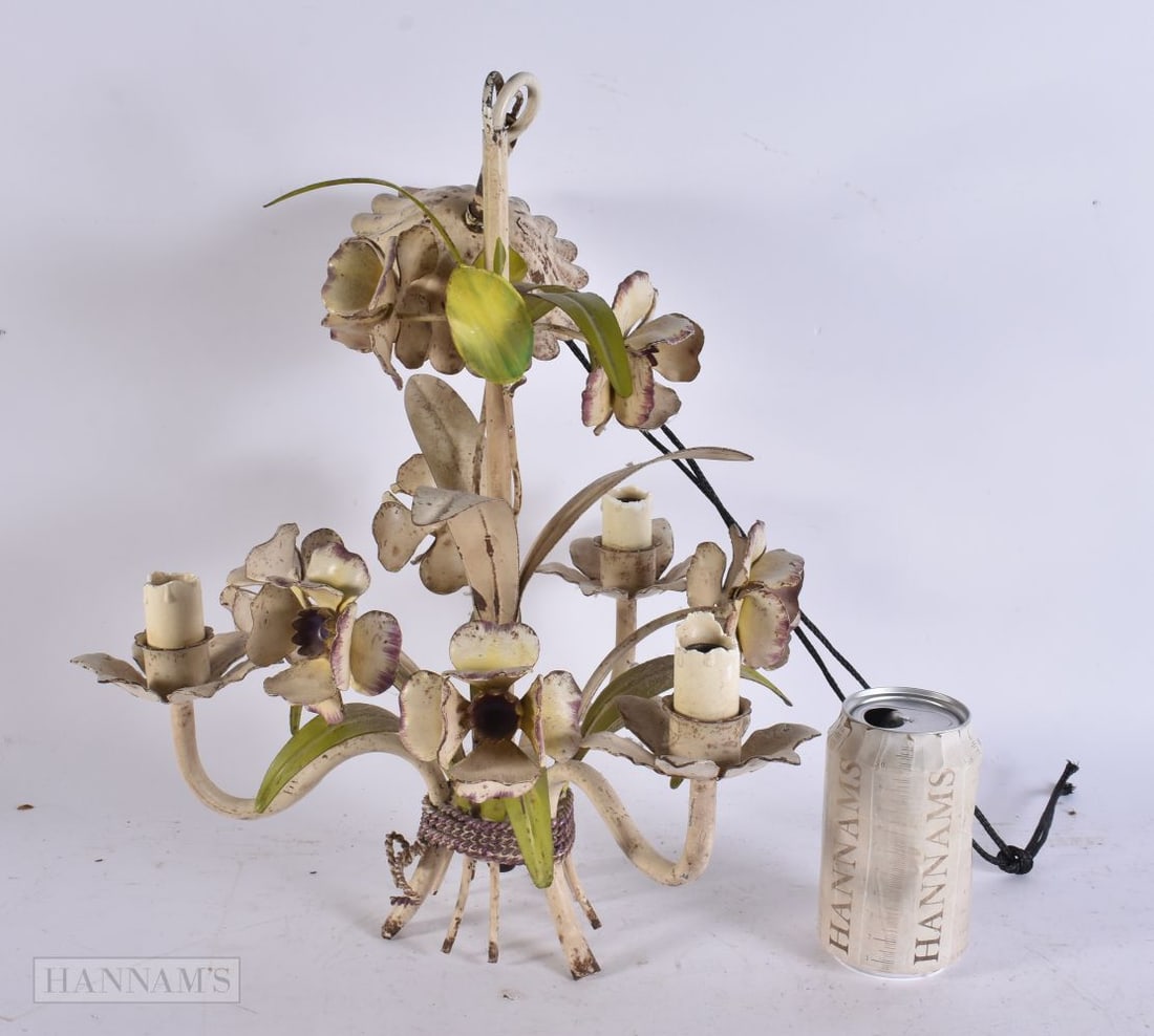A VINTAGE METAL PAINTED LIGHT FITTING. 40 cm x 26 cm.: A VINTAGE METAL PAINTED LIGHT FITTING. 40 cm x 26 cm.