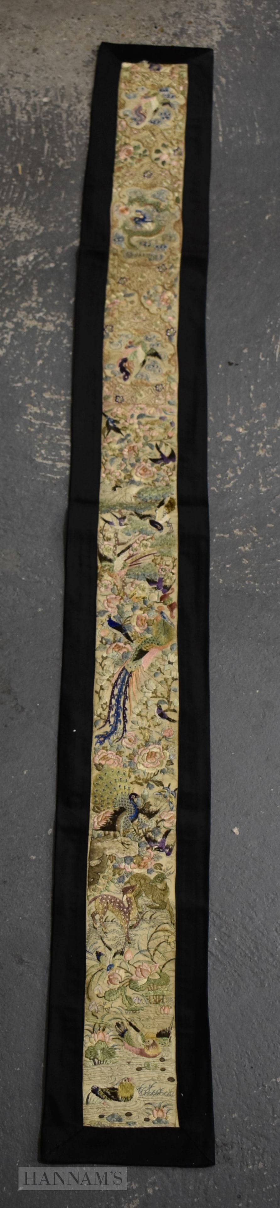 A LATE 19TH CENTURY CHINESE SILK EMBROIDERED RECTANGULAR PANEL Late Qing. 124 cm x 14 cm. (1 of 8)